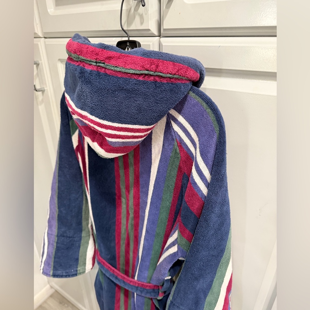 BILL BLASS Terry Cloth Vintage Striped Hooded Bathrobe belt & pockets 3/4 sleeve - Picture 7 of 15